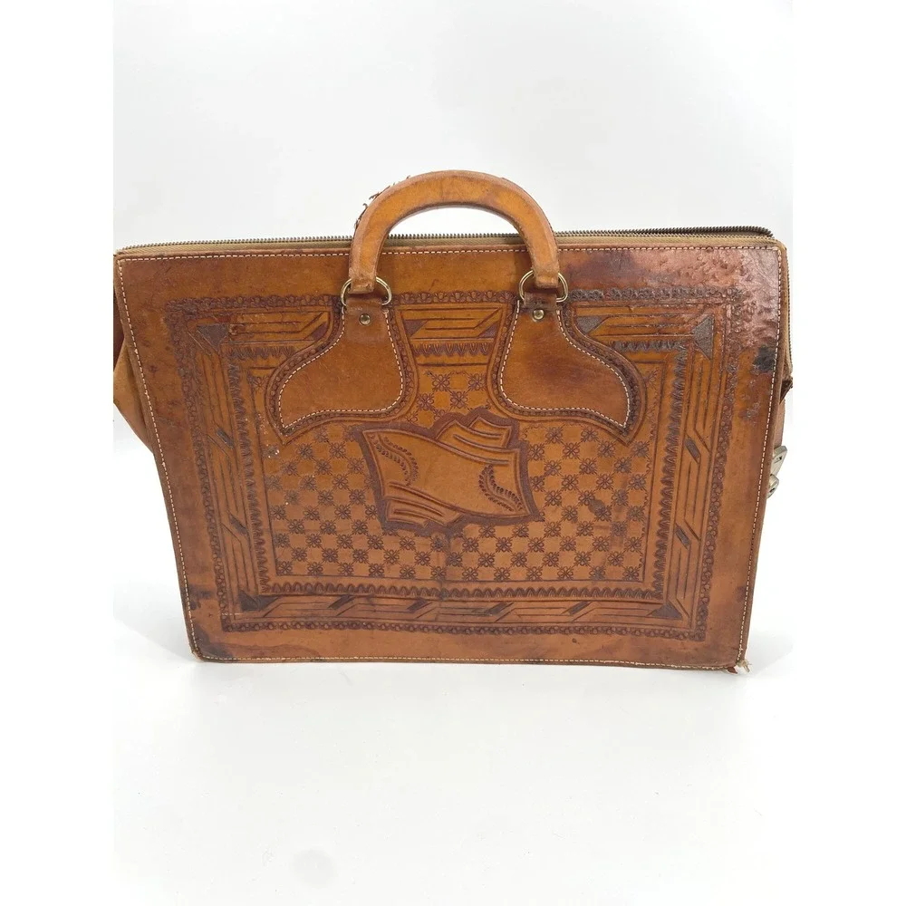 Vintage Mexican‎ Hand Tooled Leather Briefcase - Aztec Sun Stone & Eagle - As-Is
